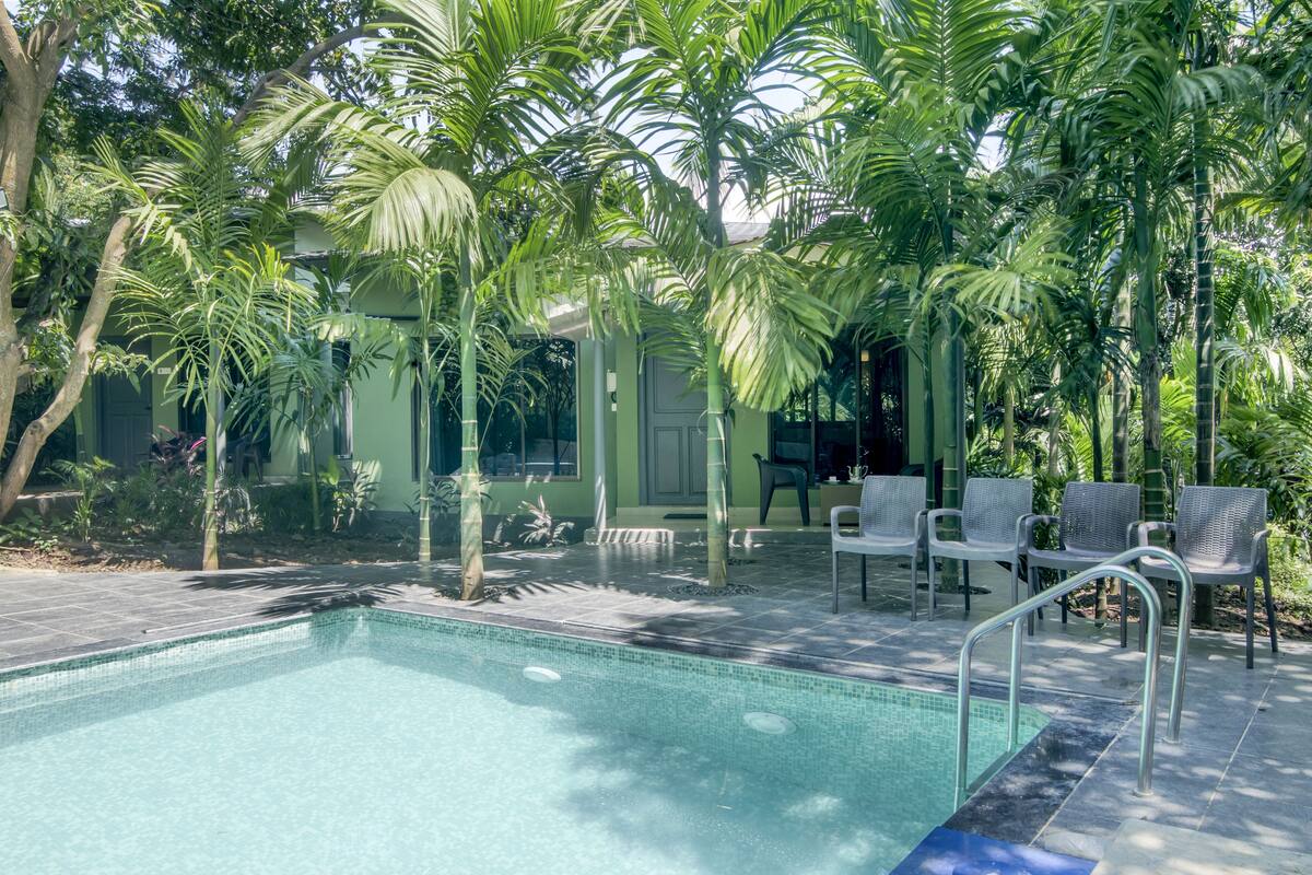 Un espace piscine avec une eau cristalline, entouré de palmiers et de chaises longues.