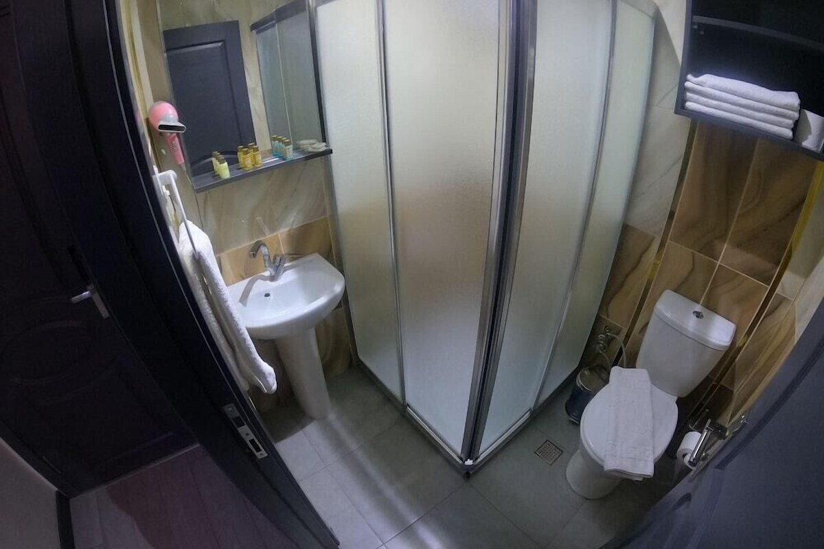A bathroom with a glass shower enclosure, a sink, and a toilet.