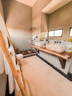 Shower, rainfall showerhead, designer toiletries, hair dryer