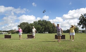Guests can enjoy a game of disc golf on the well-maintained grassy field.