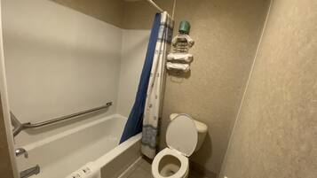 Basic Double Room, 2 Queen Beds | Bathroom | Combined shower/tub, rainfall showerhead, free toiletries, hair dryer