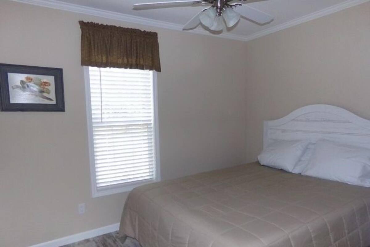 A bedroom with a bed, a ceiling fan, a window with blinds, and a framed picture on the wall.