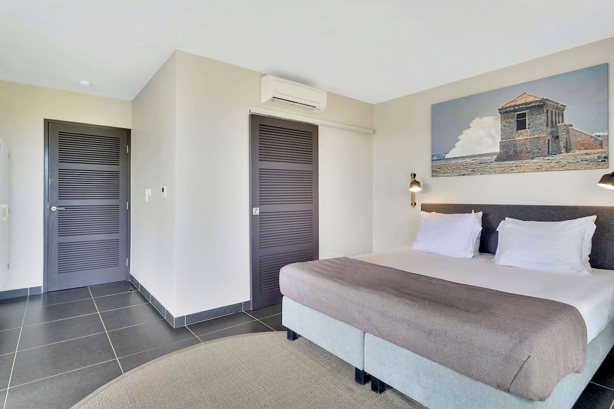 A modern hotel room with a large bed, a painting of a coastal scene, and two doors with louvered windows.