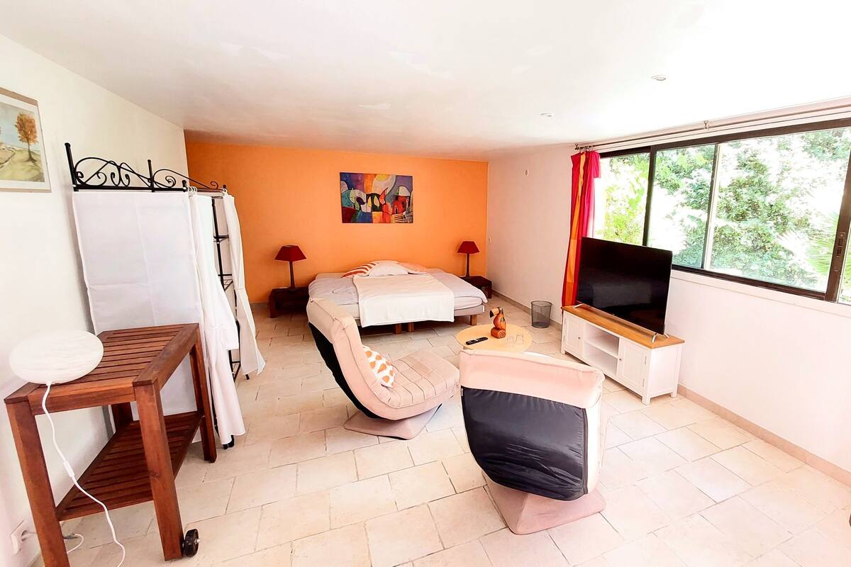 A compact hotel room with a bed, a TV, a desk, and a chair.
