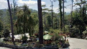 A paved road with a stone wall and a wooden structure with a thatched roof surrounded by lush greenery and trees. - Log Cabin Hotel-Baguio (Baguio)
