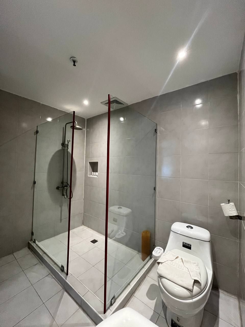 Een moderne badkamer met een glazen douchecabine, een toilet en een wastafel.