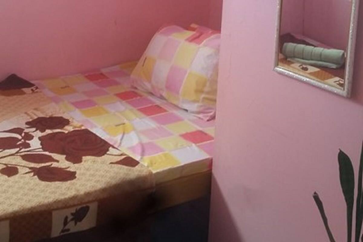 A small bedroom with a single bed, a fan, a mirror, and a potted plant.