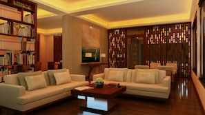 Flat-screen TV, fireplace