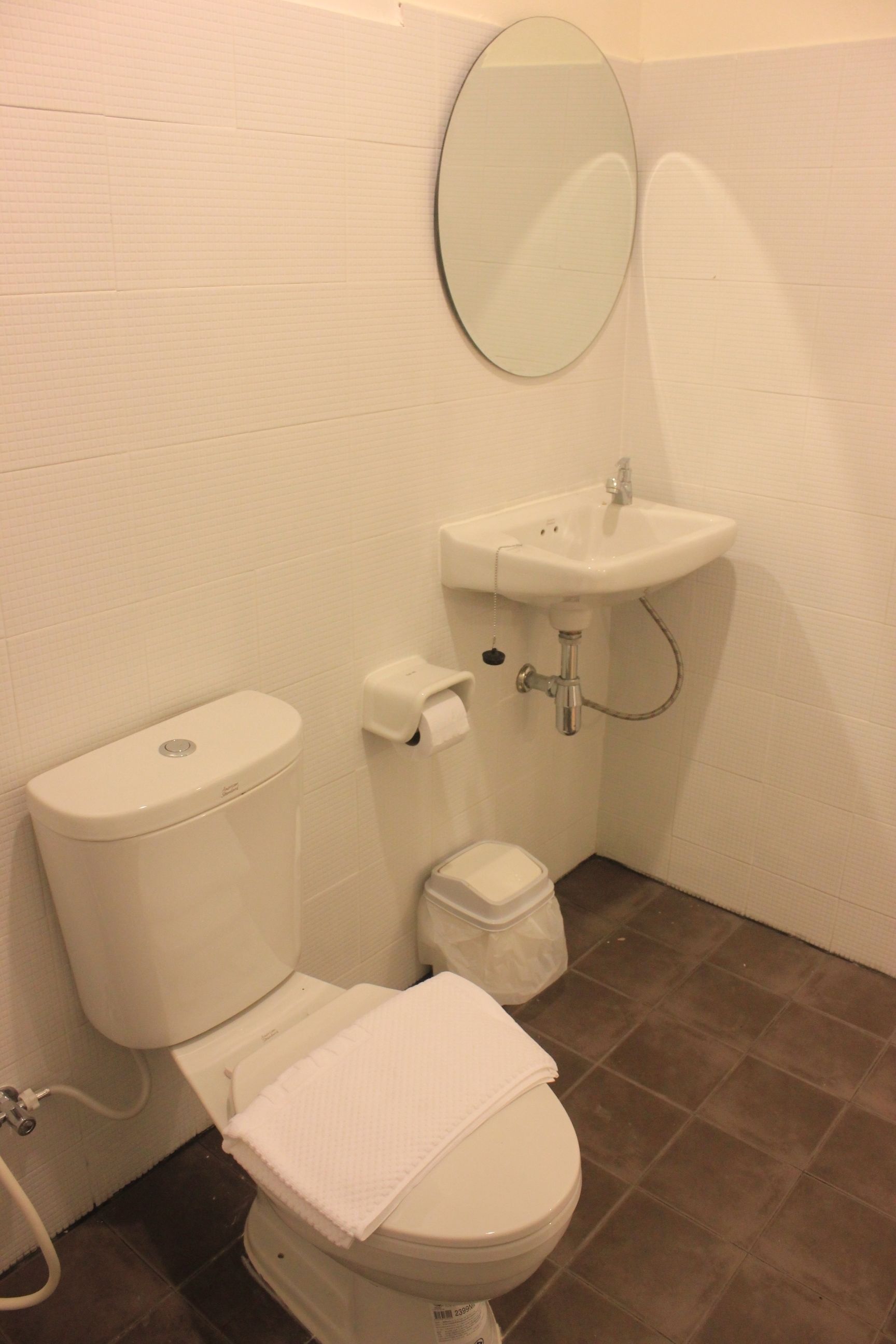 A bathroom with a toilet, sink, and mirror.