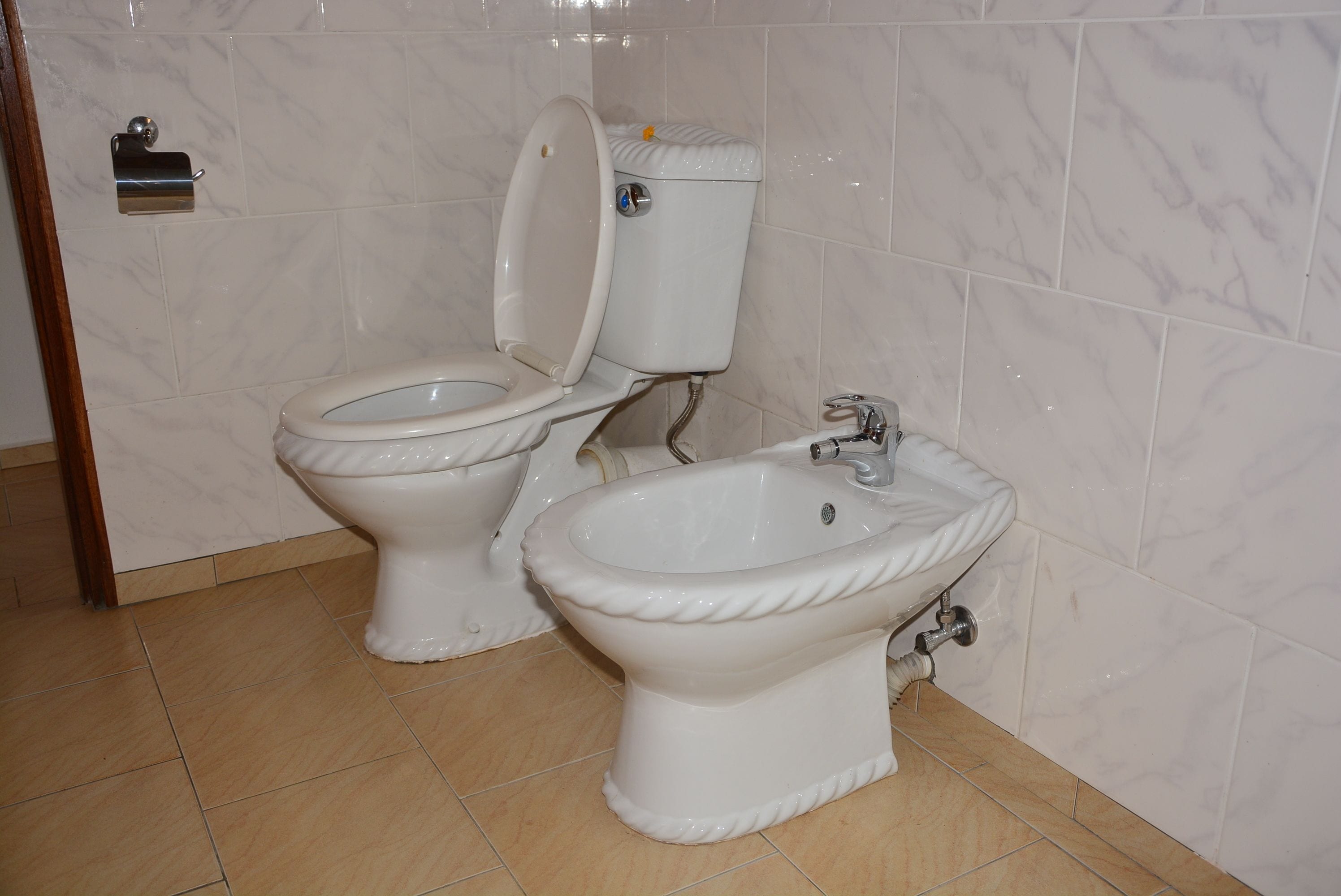 A bathroom with a toilet and bidet.