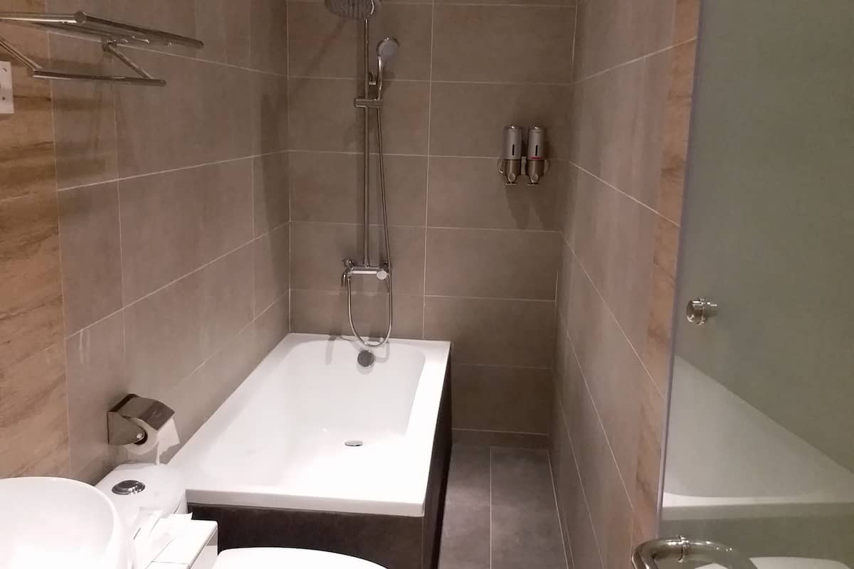 shower, hydromassage showerhead, free toiletries, hair dryer