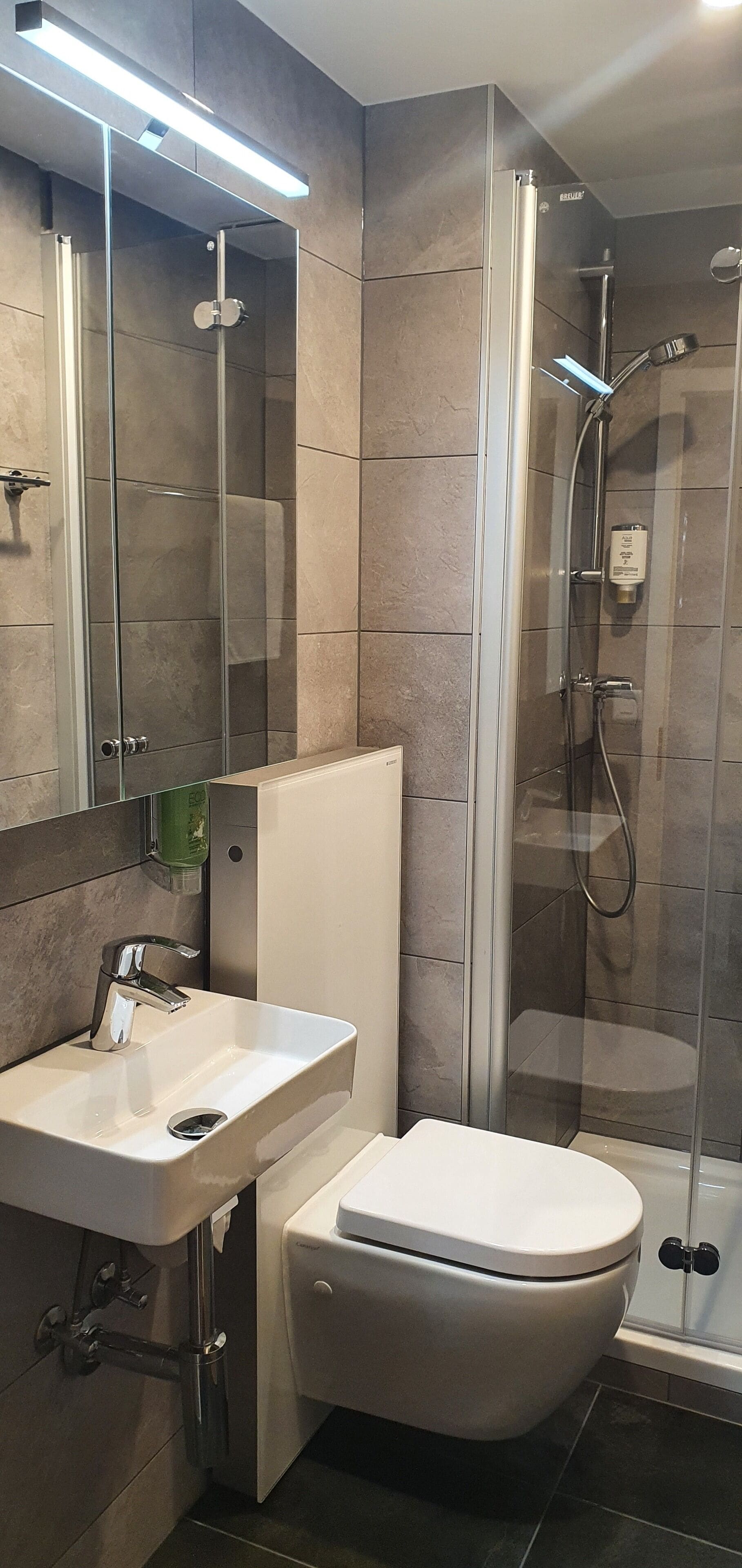 A modern bathroom with a glass-enclosed shower, a white sink, and a toilet.
