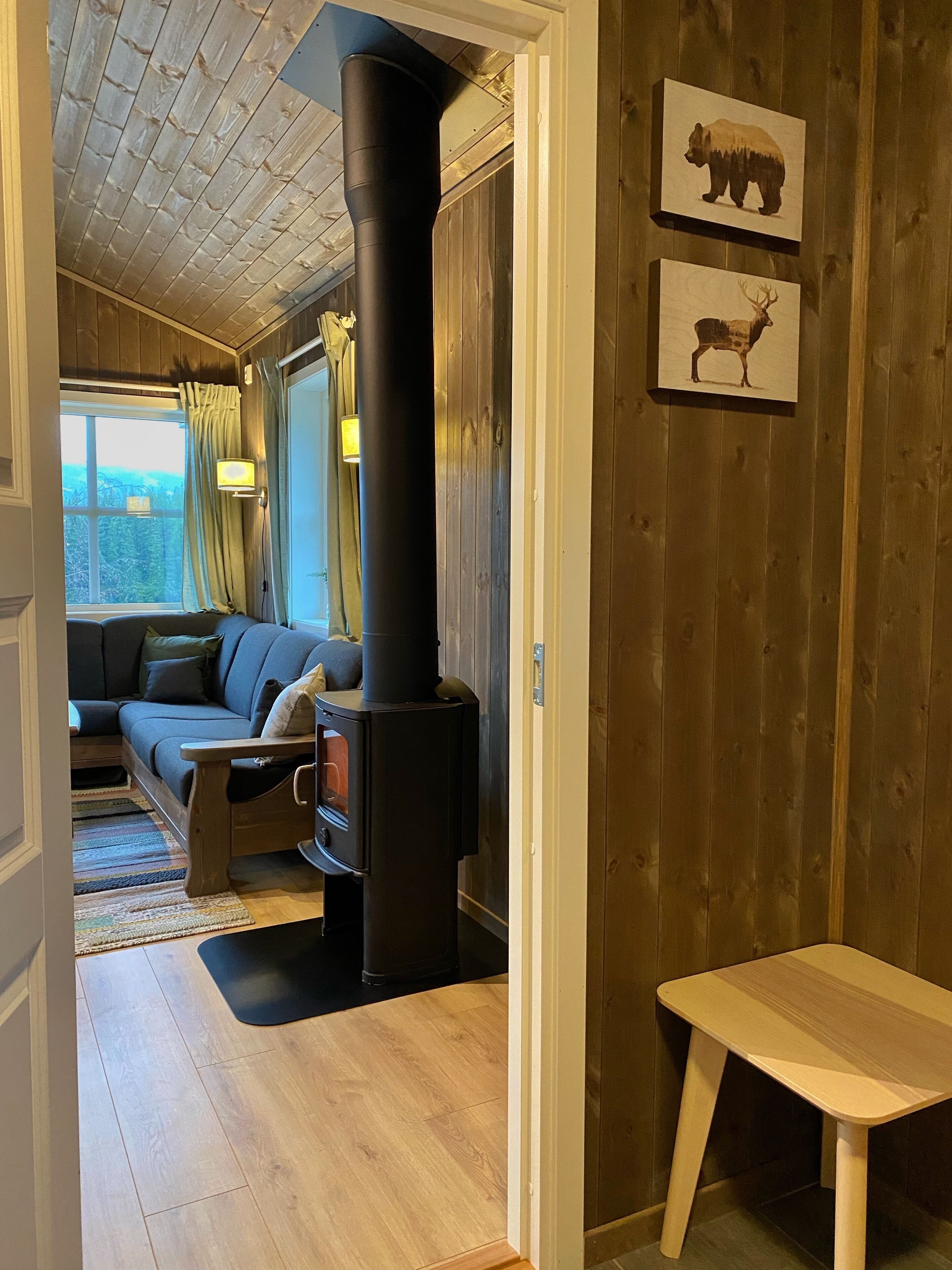 A cozy living room with a wood-burning stove, a sofa, a coffee table, and two framed animal pictures on the wall.