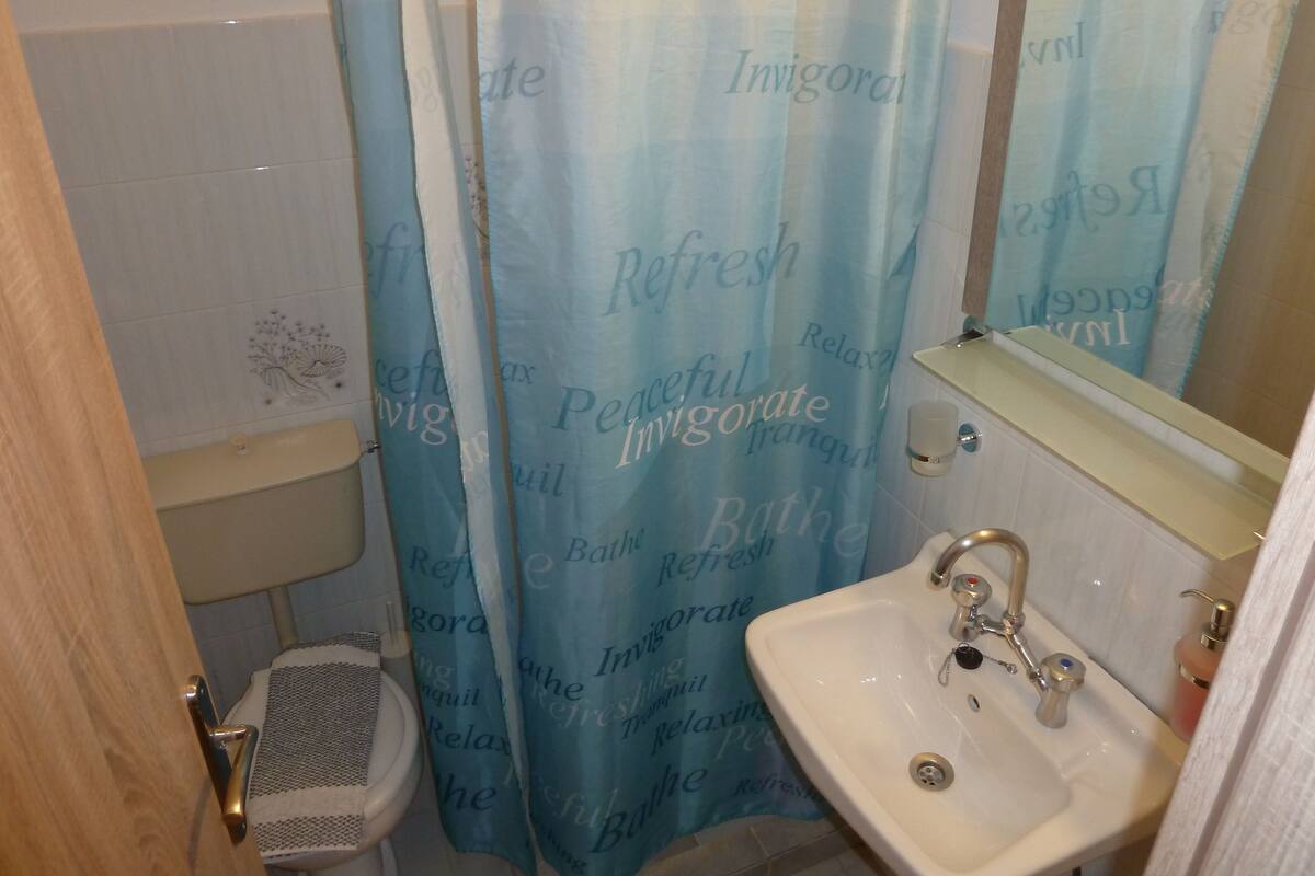 Shower, free toiletries, hair dryer, towels