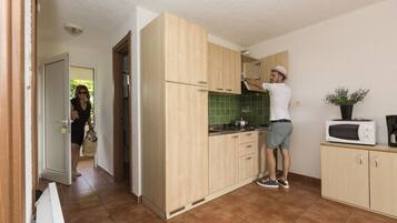 Fridge, microwave, stovetop, coffee/tea maker