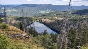 A lake surrounded by dense forest and hills. - Penzion DIANA (Zelezna Ruda)