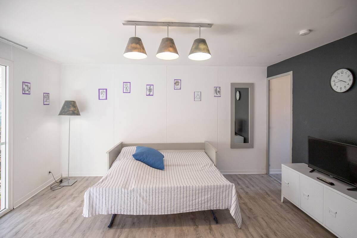 A modern bedroom with a bed, a TV, and a mirror.
