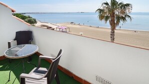 A balcony with a glass table and chairs, a palm tree, and a view of a beach and sea. - Apartamentos Ornis (Sant Carles de la Rapita)