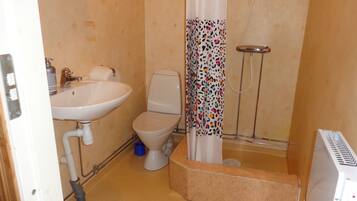 A bathroom with a sink, toilet, shower, and a small step leading to a shower area.
