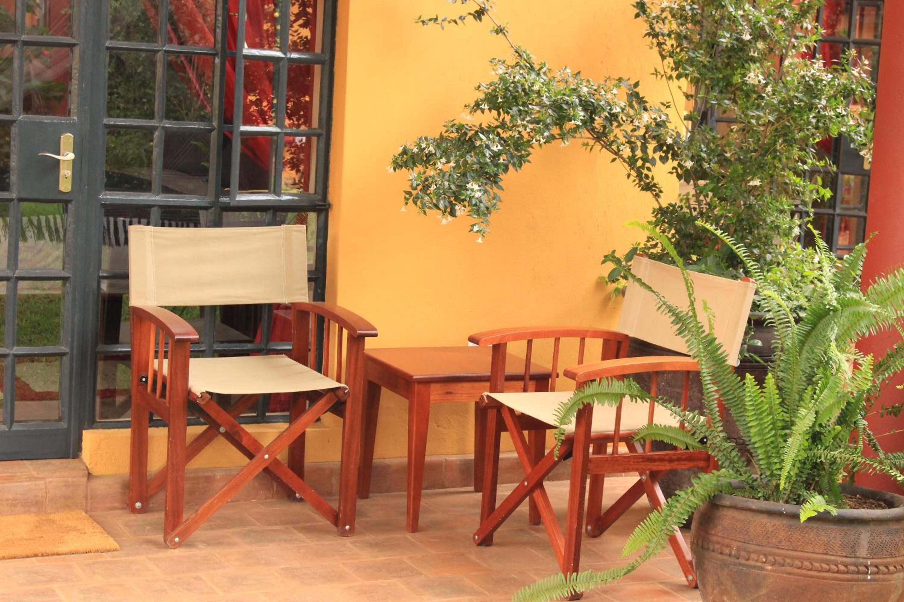 A wooden table and chairs set against a yellow wall, with a potted plant in the foreground.