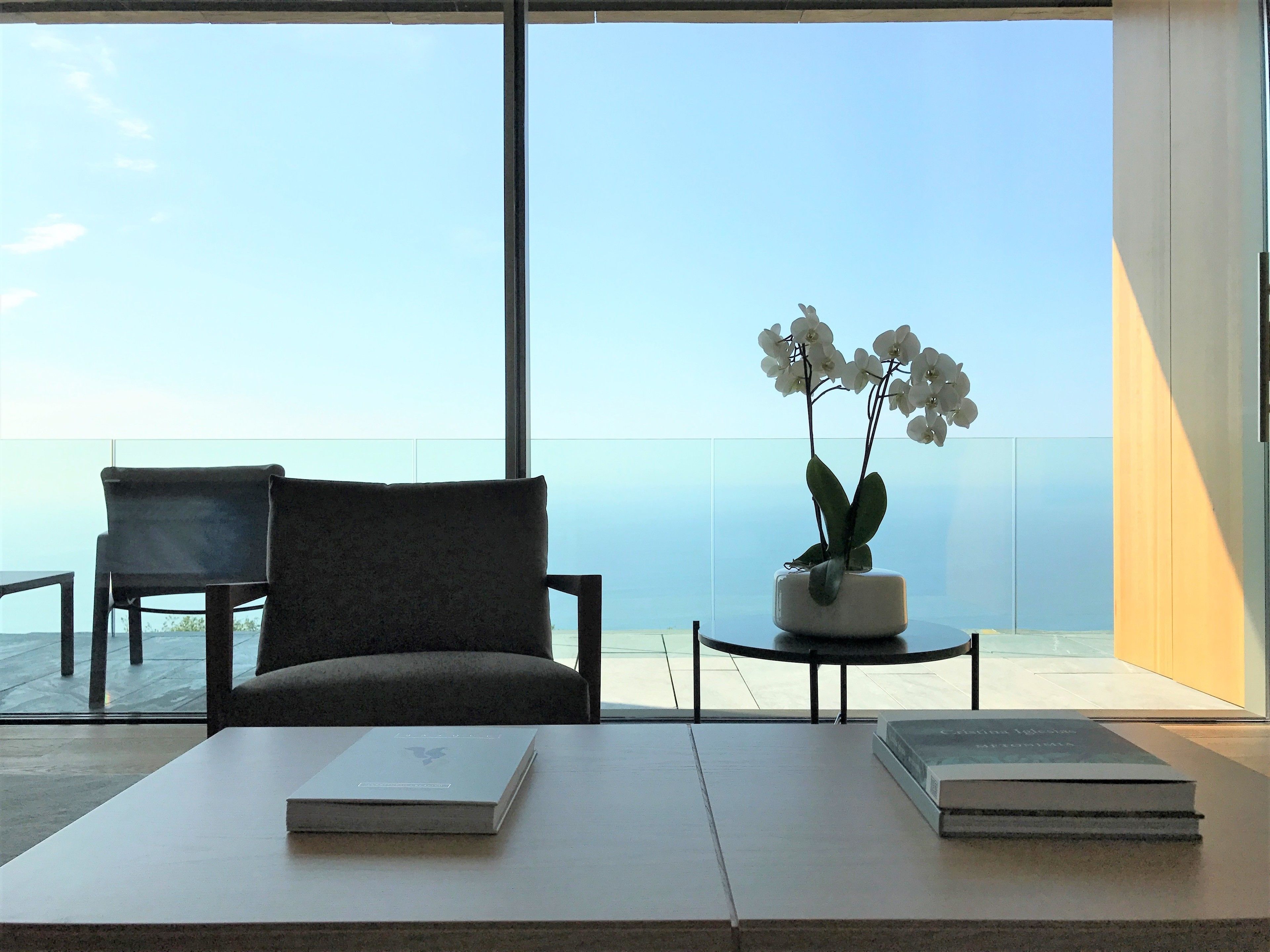 Habitació moderna amb una finestra gran, un sofà, una taula petita amb un llibre i una planta d'orquídea.