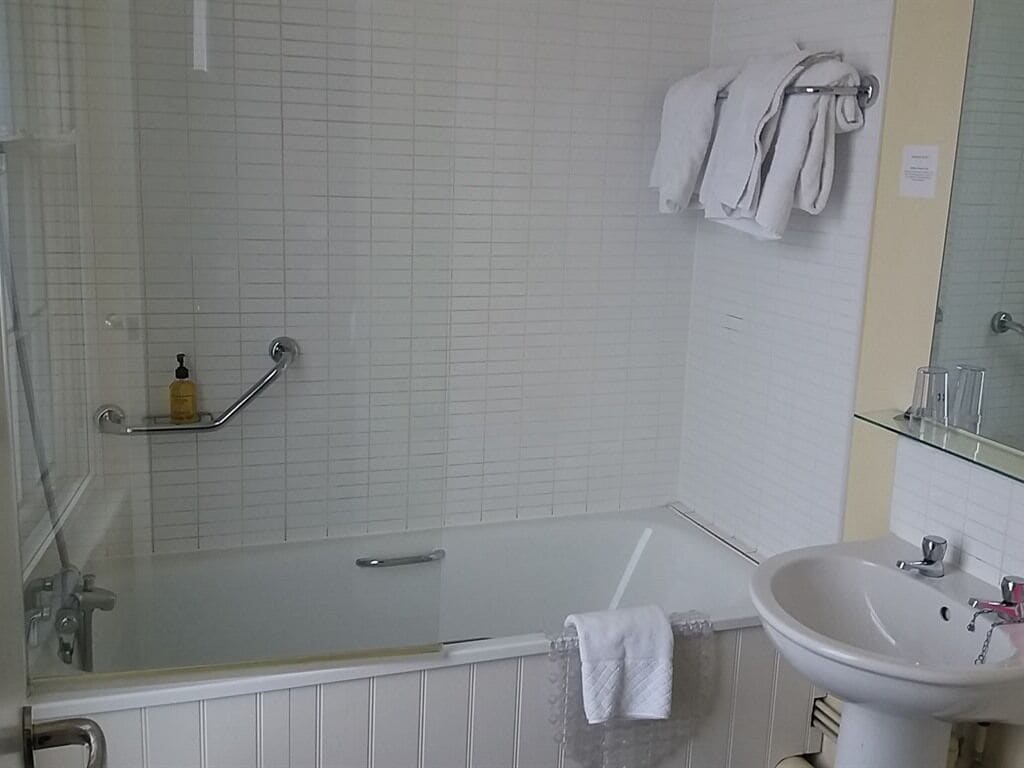Une salle de bain avec une douche, un lavabo et un porte-serviettes.