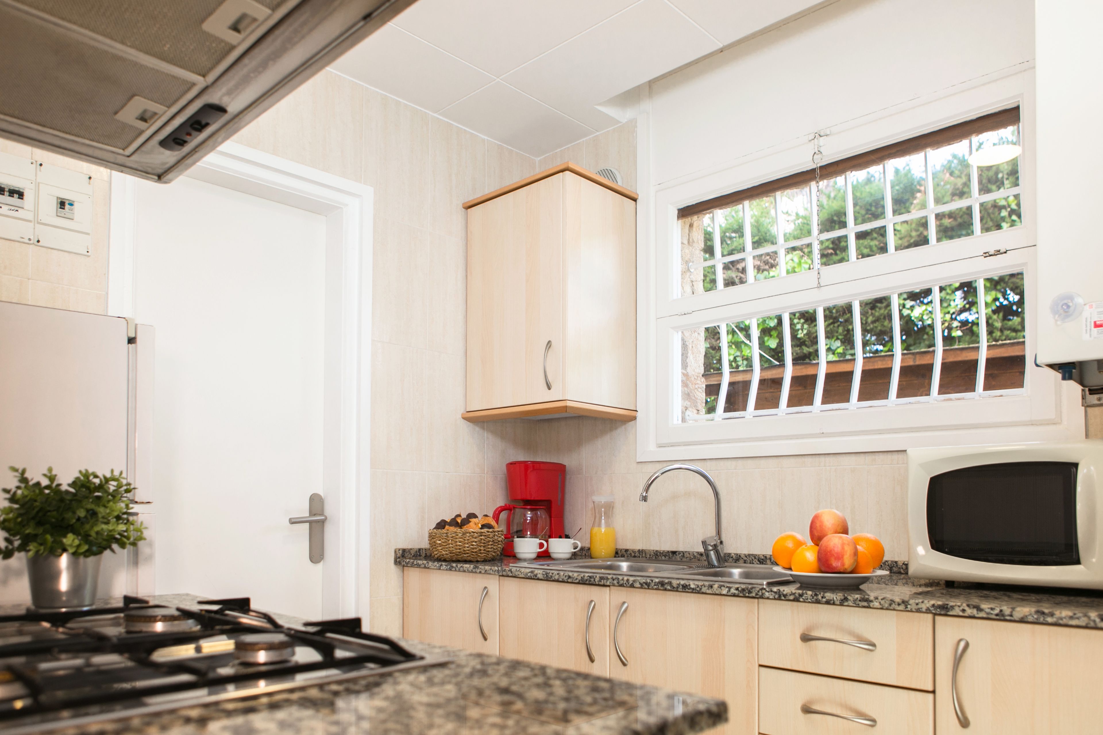 Una cocina con estufa a gas, microondas, lavamanos y ventana con vista a follaje.