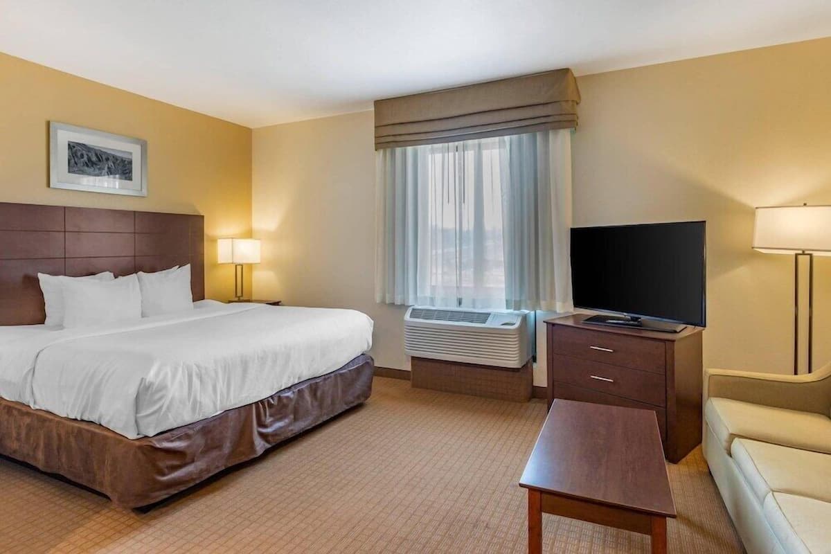 A hotel room with a bed, a television, a desk, a chair, and a window with curtains.