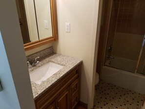 A bathroom with a granite countertop sink, wooden cabinets, a large mirror, and a shower area. - Packard's Corner Apartments by Atlas (Boston)