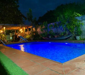A swimming pool with a boat, surrounded by potted plants and a stone wall. - Angel Hospitality Services (Lagos)