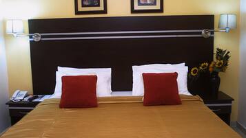 Desk, laptop workspace, free WiFi, bed sheets