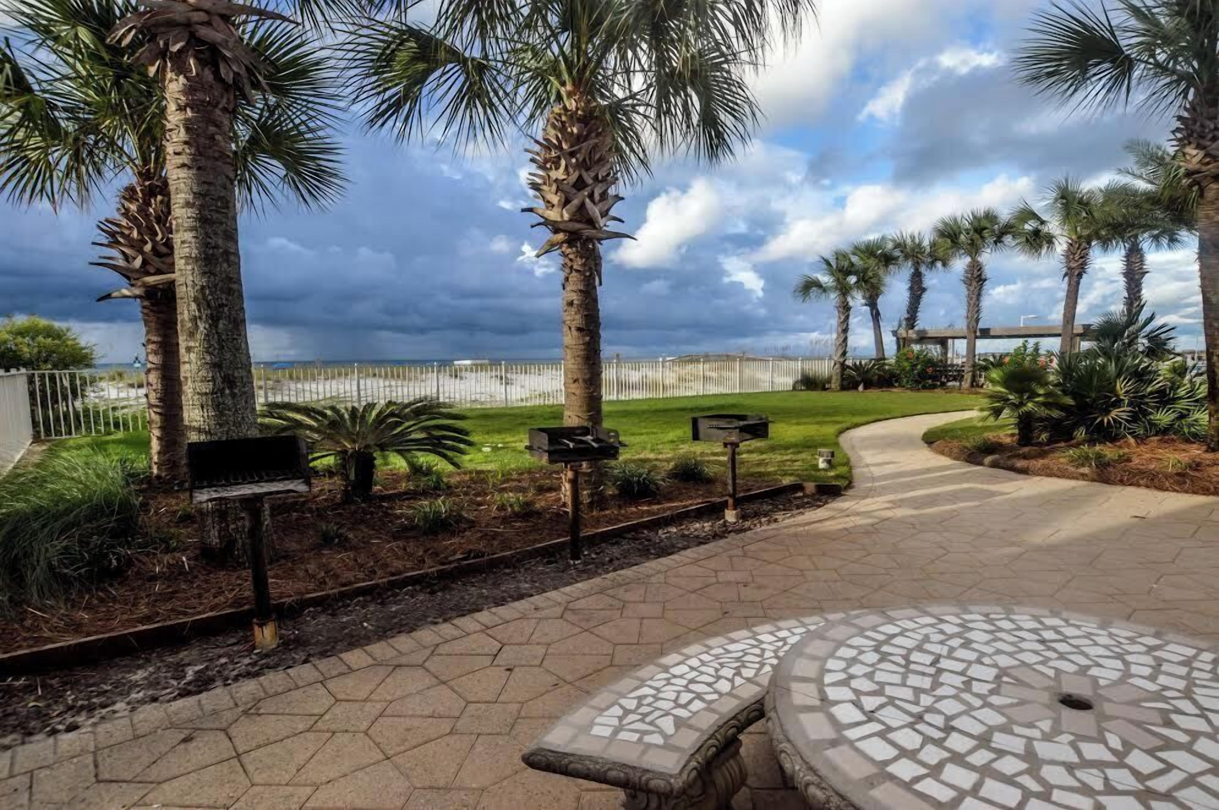 A paved walkway with palm trees, a grassy area, and a fence in the background.
