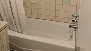 A bathroom with a bathtub, a shower, and a toilet. - Allen's Budget Motel (Watertown)