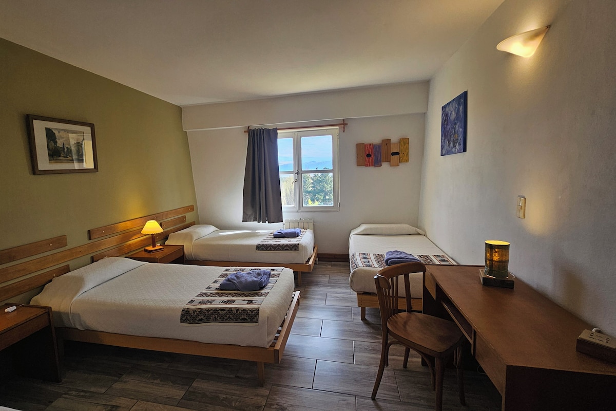 Une chambre d’hôtel avec deux lits simples, un bureau, une chaise, une fenêtre avec des rideaux et des œuvres d’art accrochées au mur.