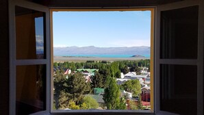 A window view of a residential area with houses, trees, and a distant body of water.