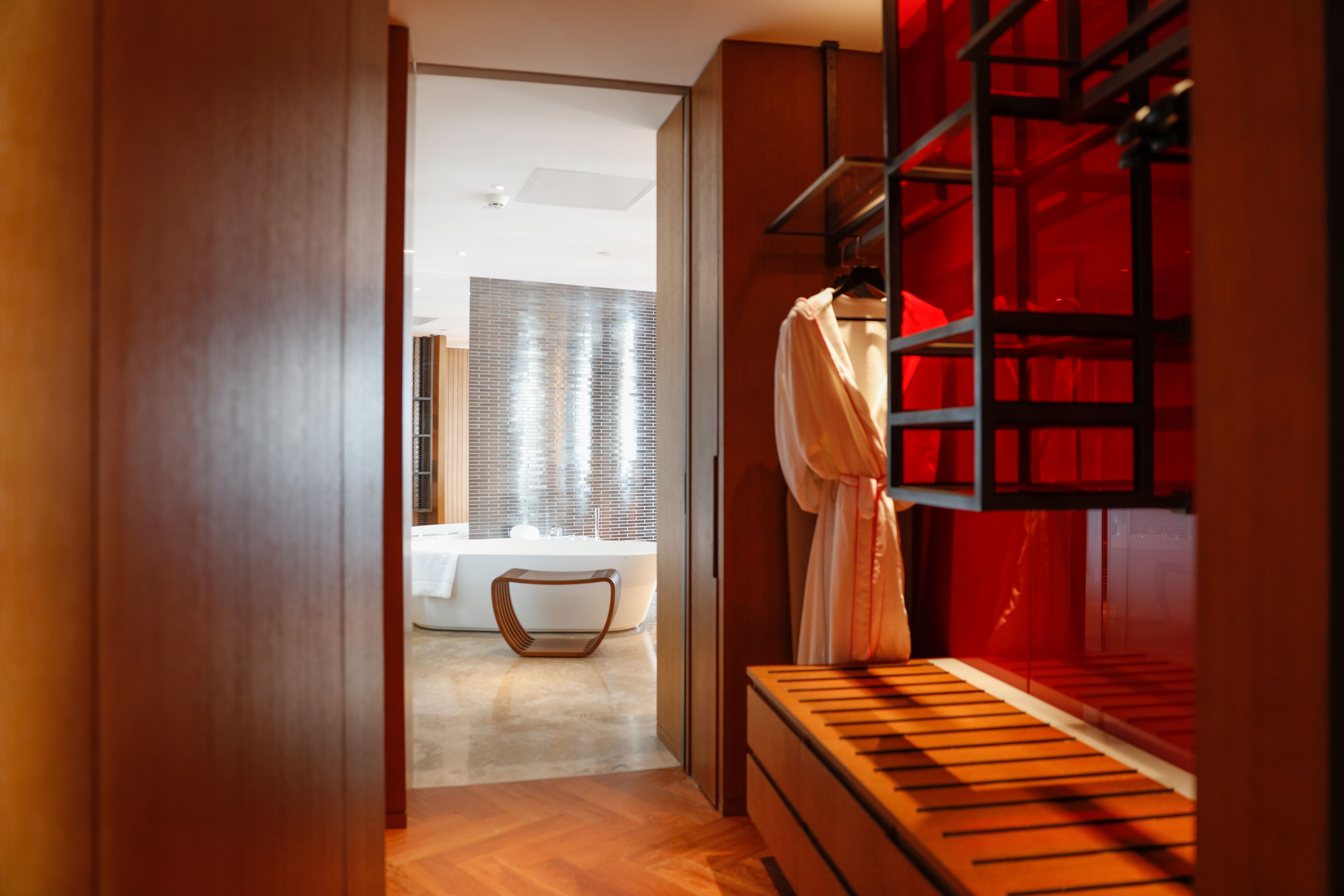 separate bathtub and shower, rainfall showerhead, designer toiletries