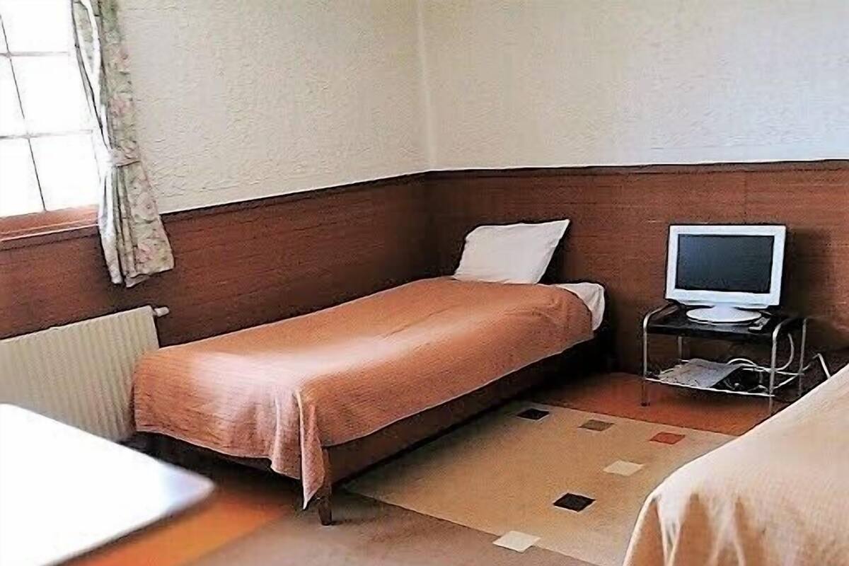 A hotel room with a single bed, a small desk, a television on a stand, and a window with curtains.