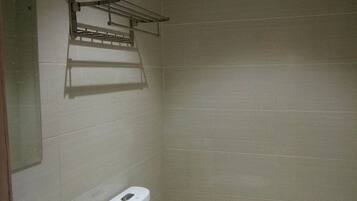 Shower, free toiletries, slippers, towels