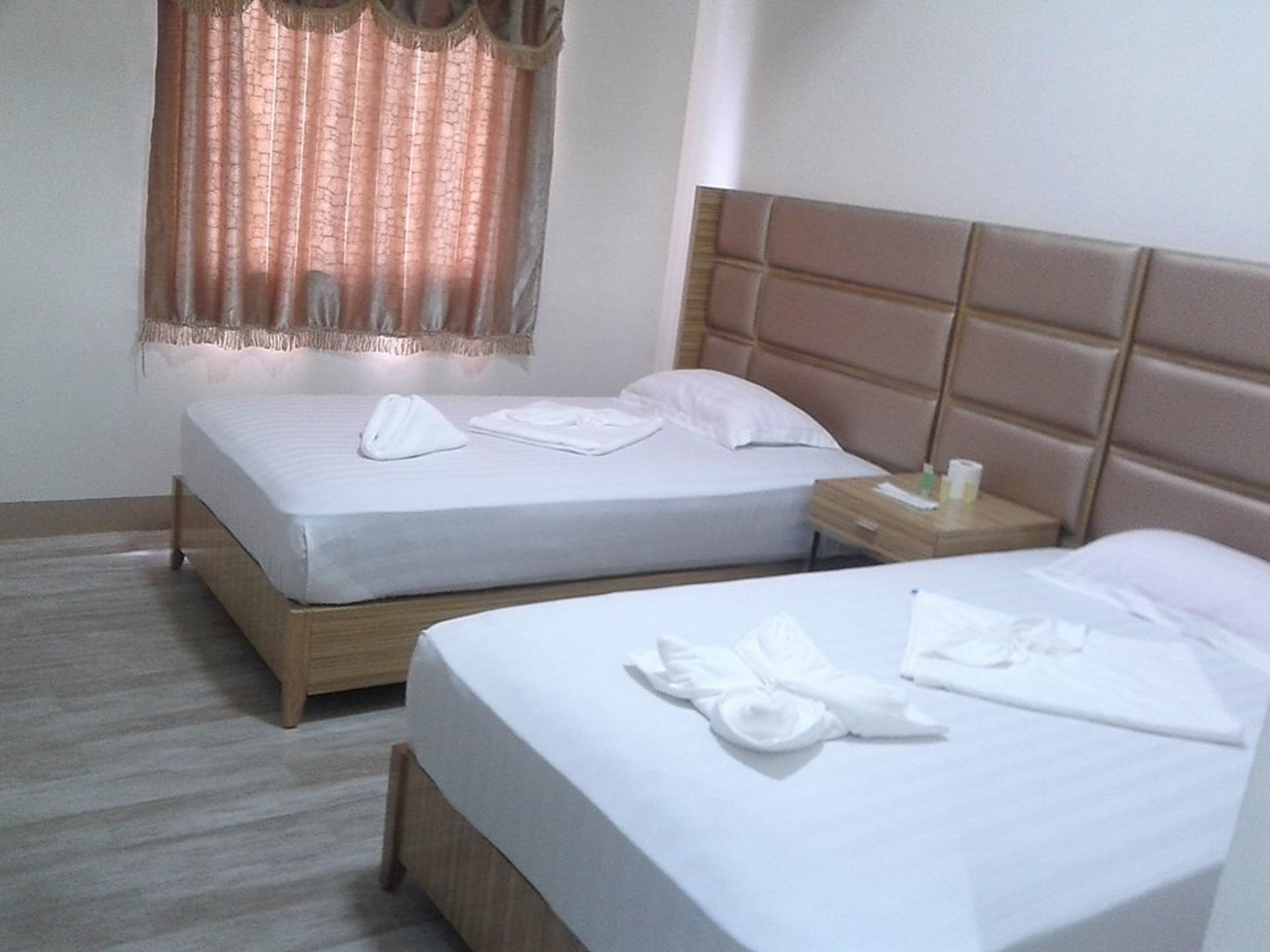A hotel room with two beds, wooden headboards, and a nightstand with a bottle and tissues.