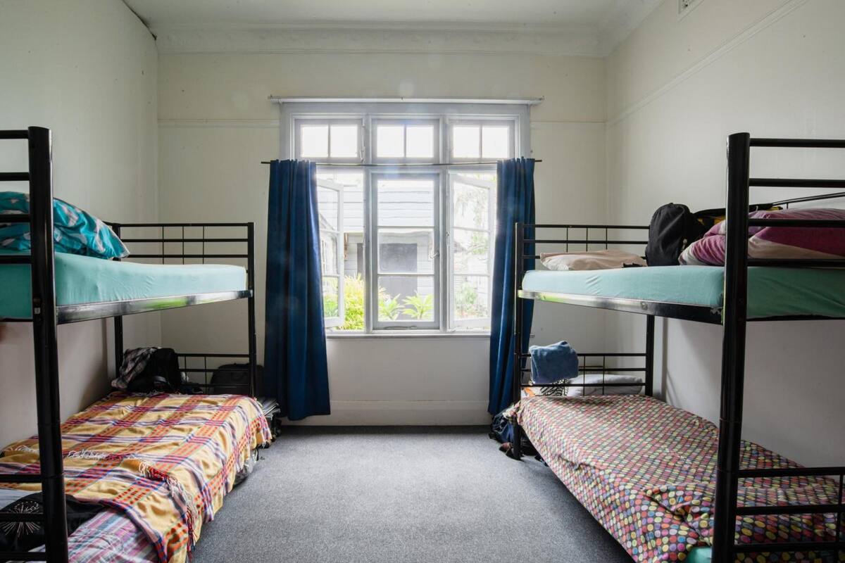 Un dormitorio con literas, una ventana con cortinas y suelo alfombrado.