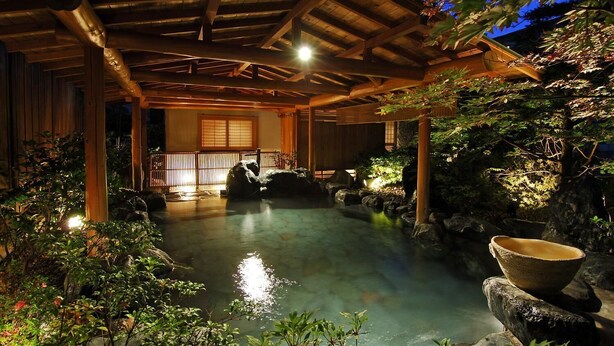 A traditional Japanese onsen with a wooden structure and a stone bath surrounded by greenery.