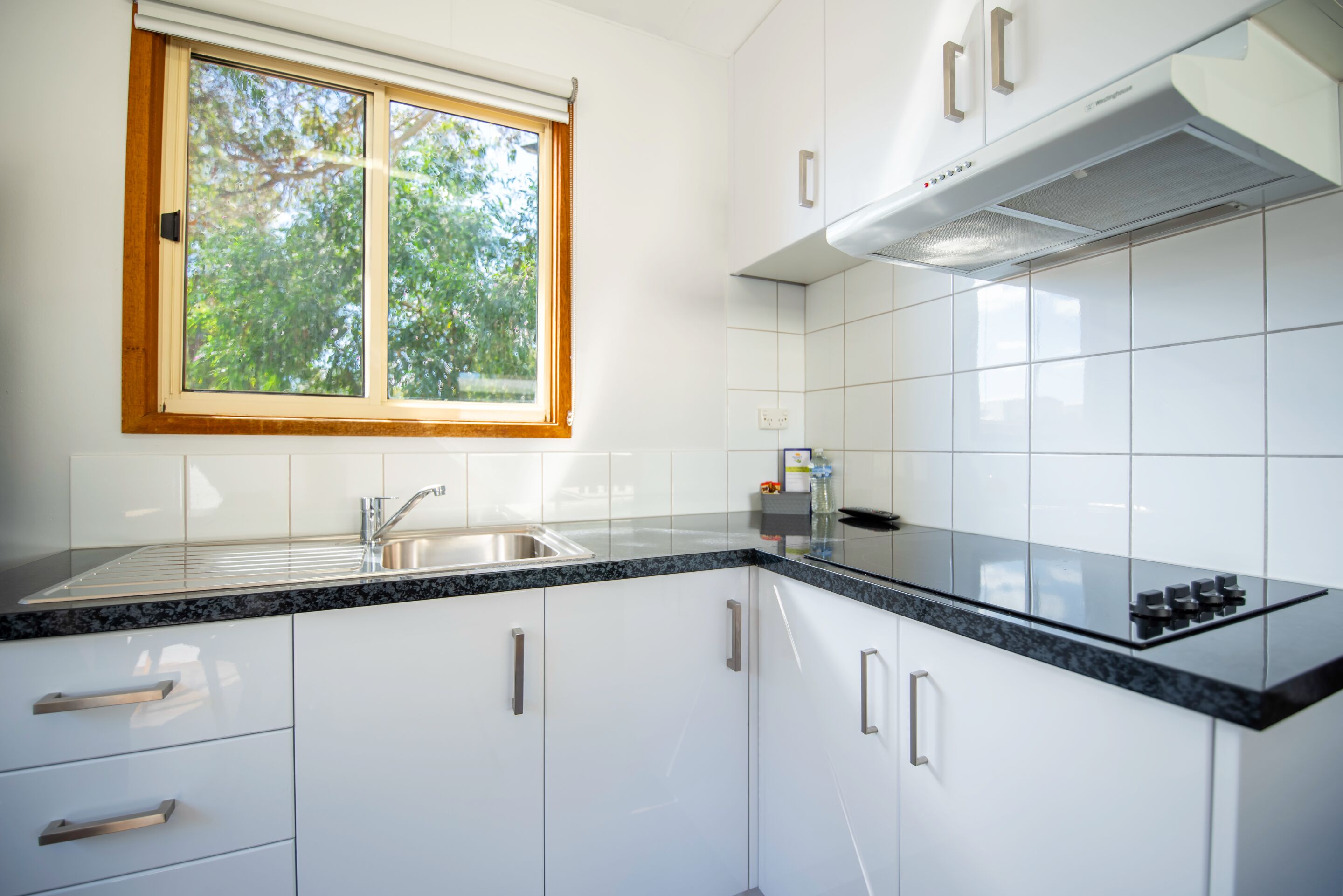 A modern kitchen with white cabinets, a granite countertop, a stainless steel sink, and a window with a view of trees.