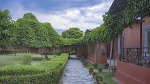 Un sendero de piedra que atraviesa un jardín con setos bien cuidados y plantas en macetas.