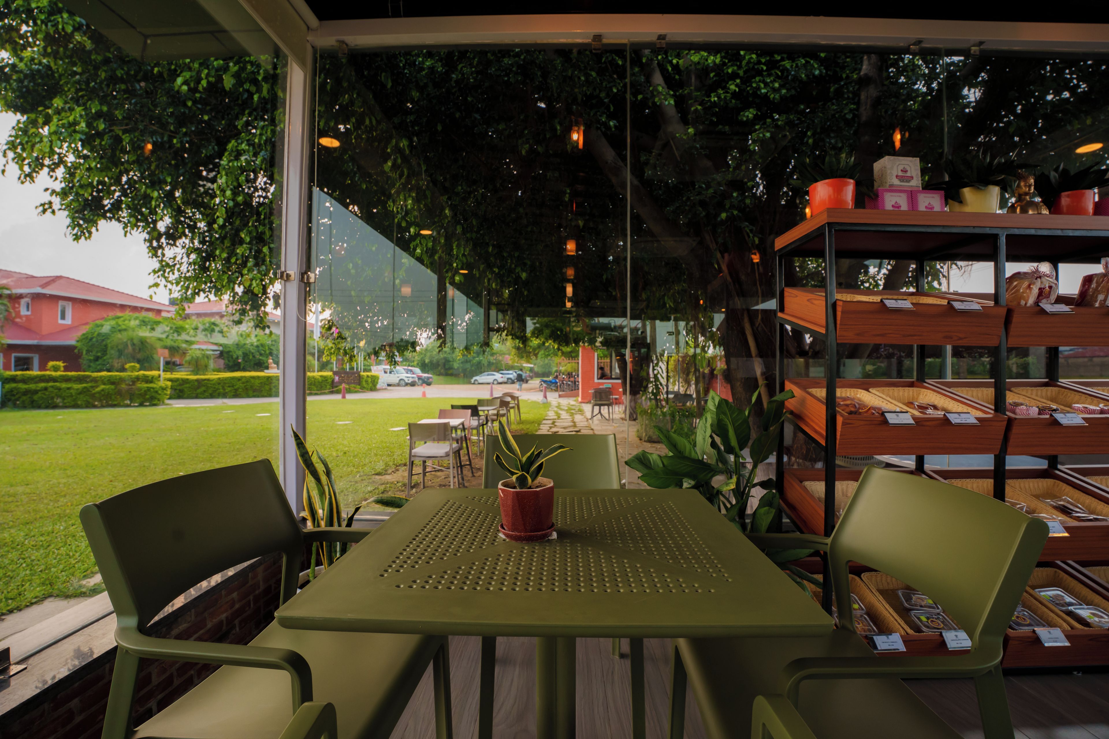 An outdoor seating area with tables and chairs, a potted plant, and a display of baked goods.