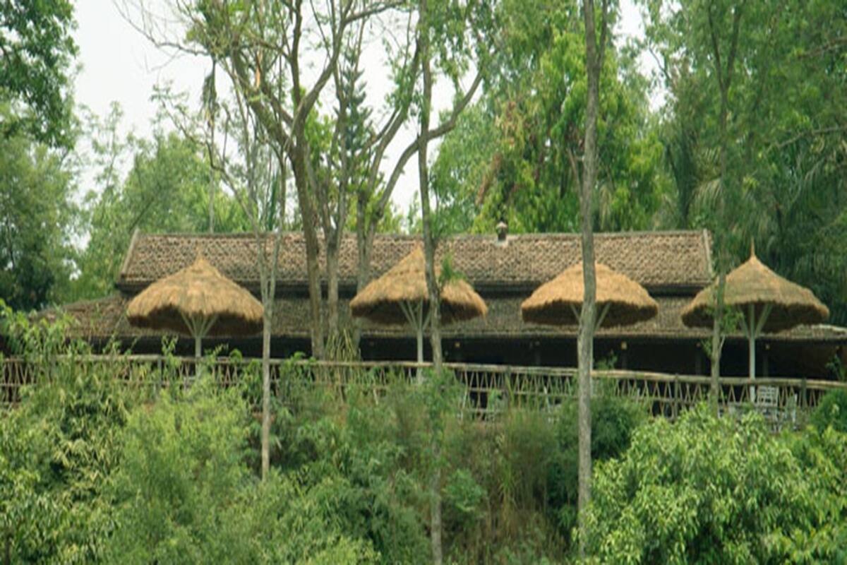 A traditional building with multiple thatched-roof structures, surrounded by dense greenery.