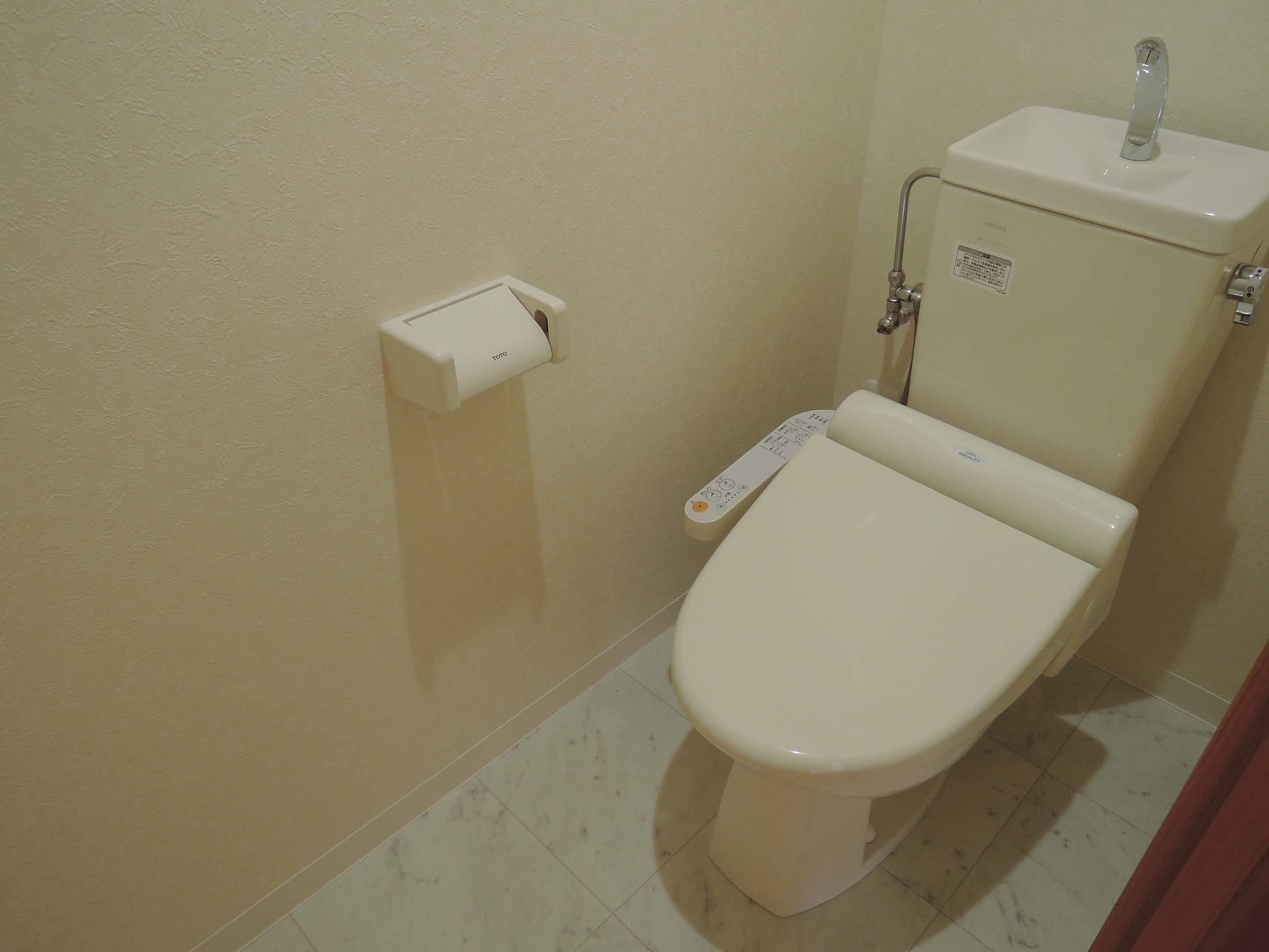 Des toilettes dotées d’un panneau de commande, d’un porte-rouleau de papier toilette et d’une poignée de chasse fixée au mur.