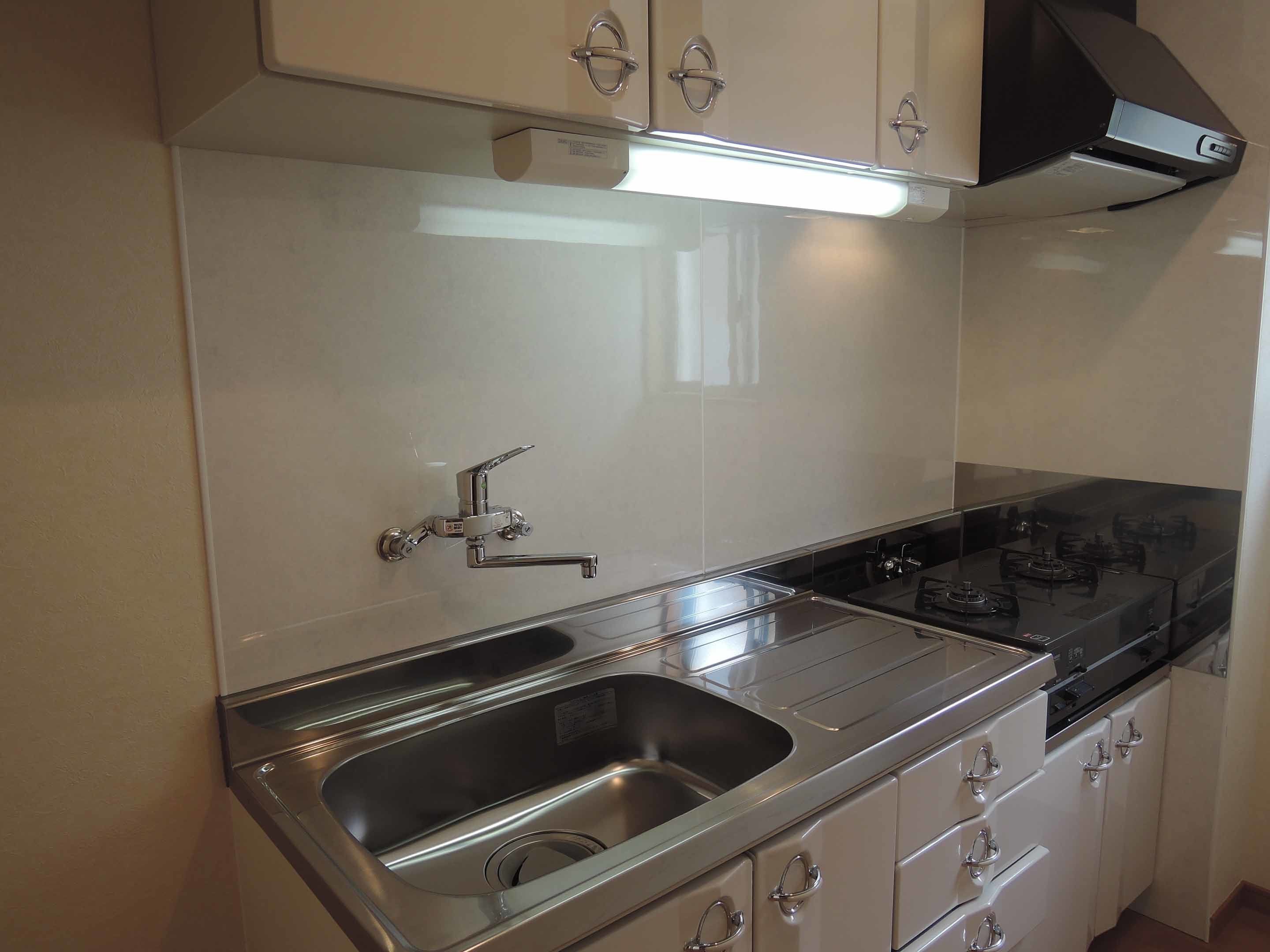 A modern kitchen with stainless steel appliances, a double sink, and white cabinetry.