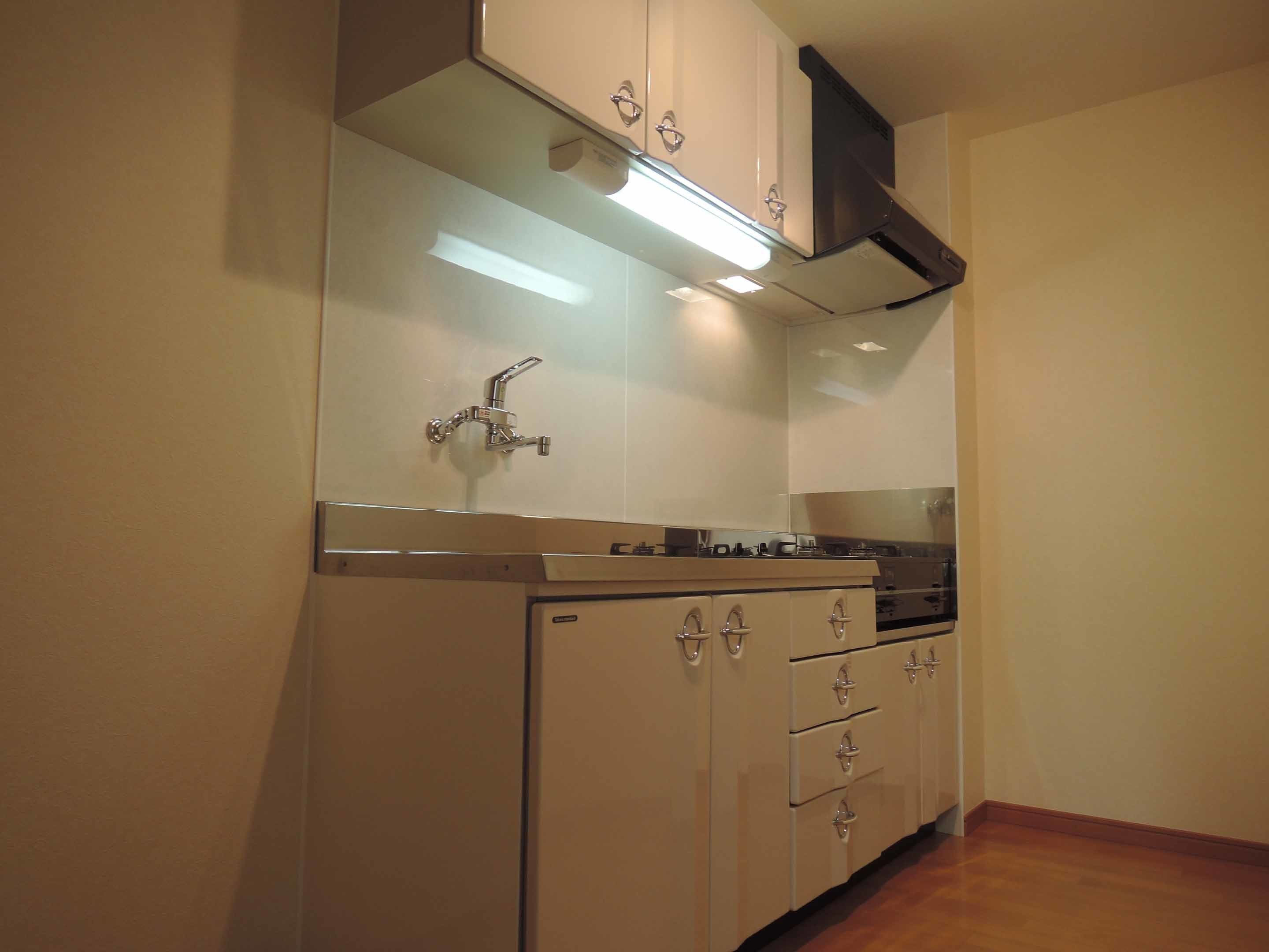 A kitchen with a stove, cabinets, and a range hood.