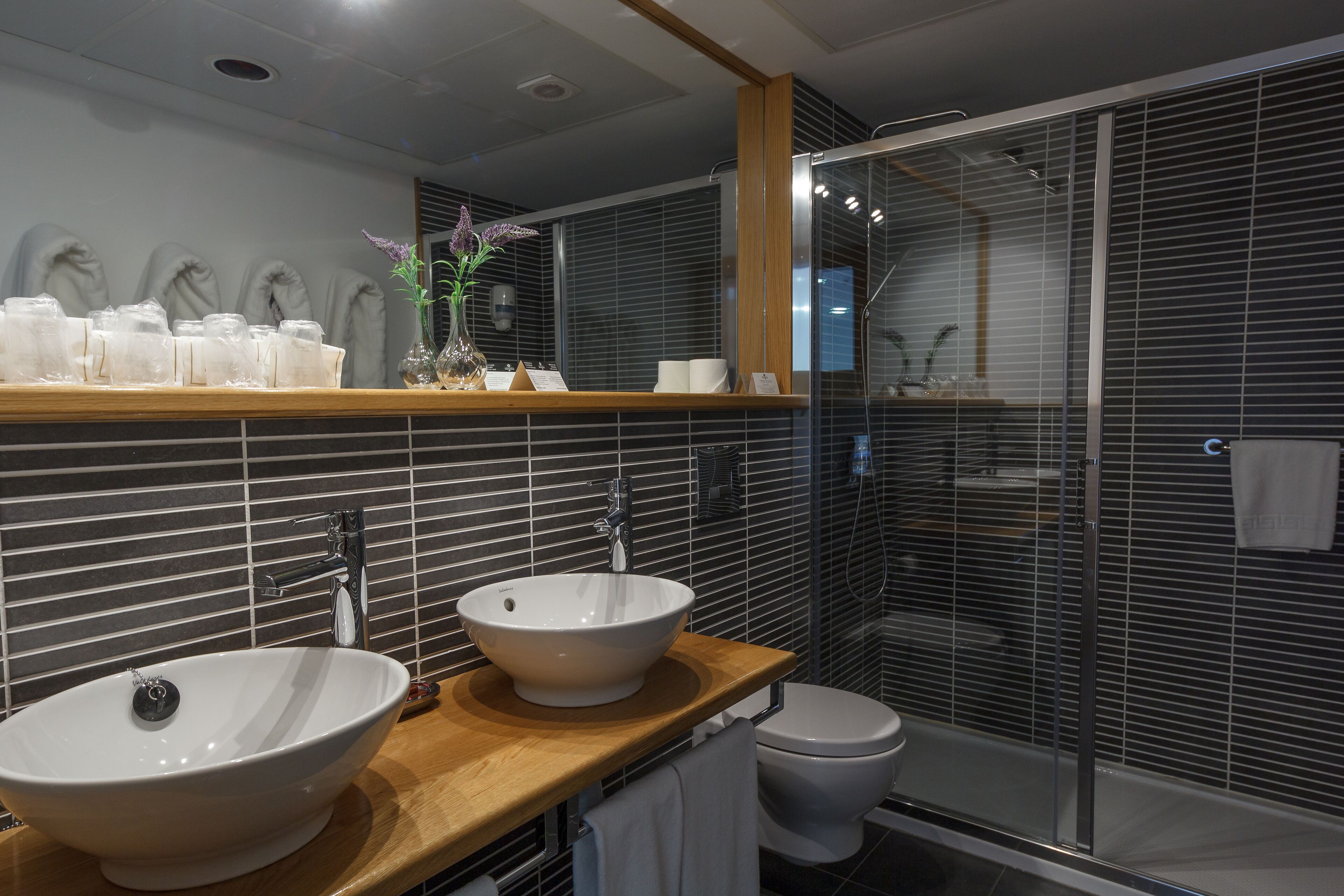 A modern bathroom with two sinks, a toilet, and a glass shower enclosure.