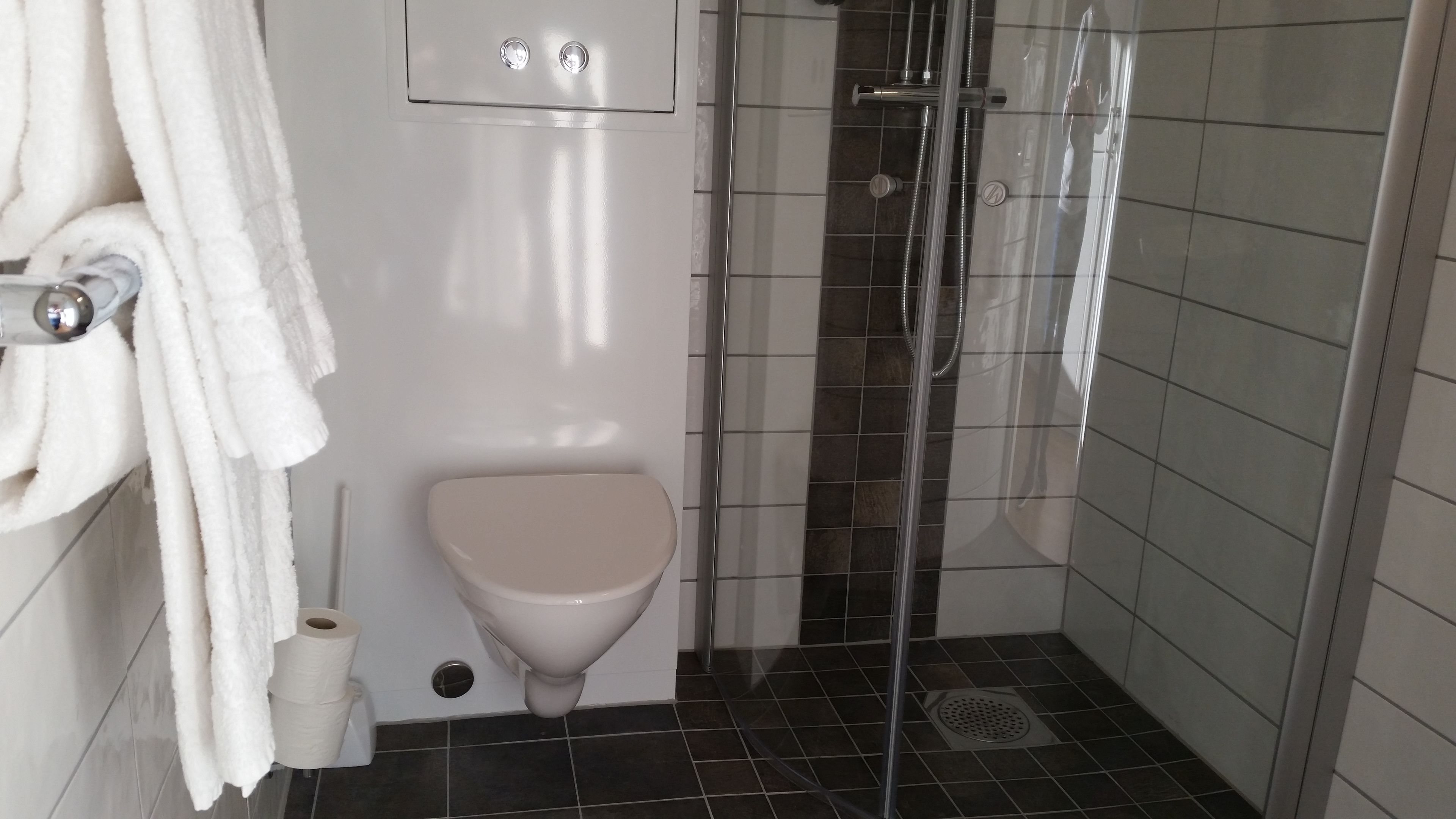 standard double room | bathroom | shower, free toiletries, hair dryer, towels